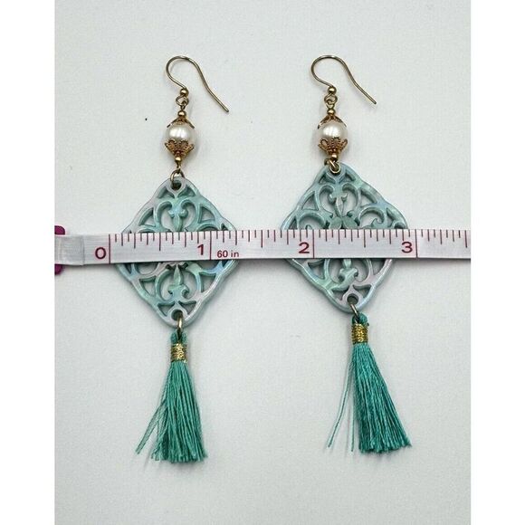Aqua Teal Lightweight Gold Tone Boho Scroll Faux Pearl Dangle Fringe Earrings - Picture 3 of 8